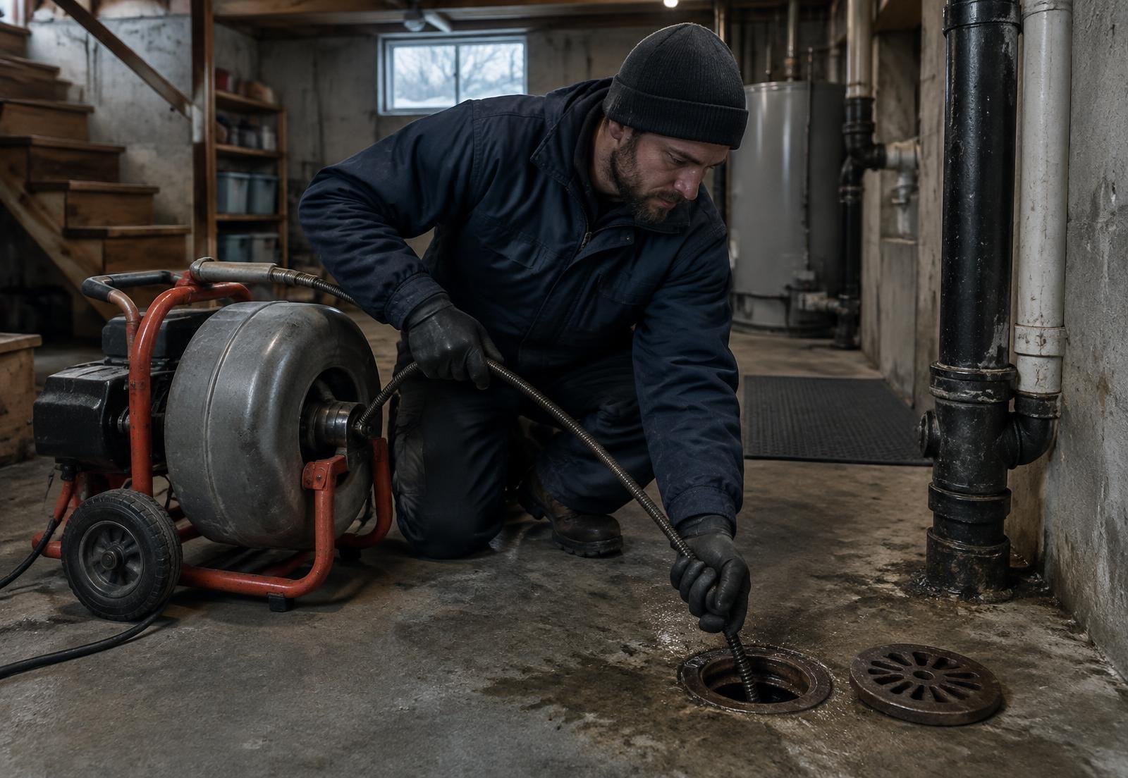 Technician feeding a drain cleaning cable into a basement floor drain