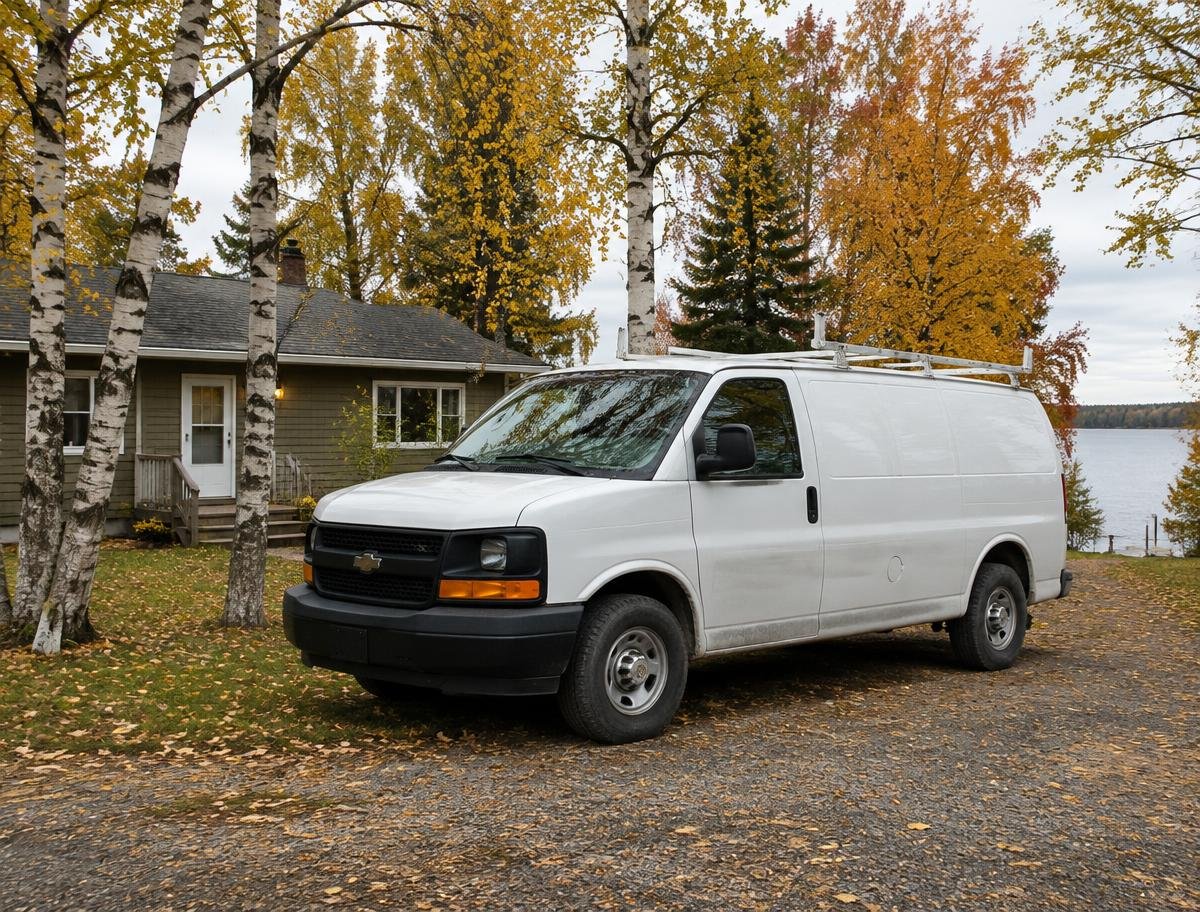 Service van outside a home among birch trees